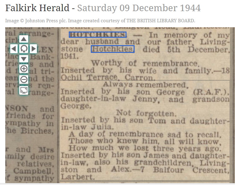 Livingstone Hotchkies In Memoriam Falkirk Herald 9 Dec 1944, December 9, 1944